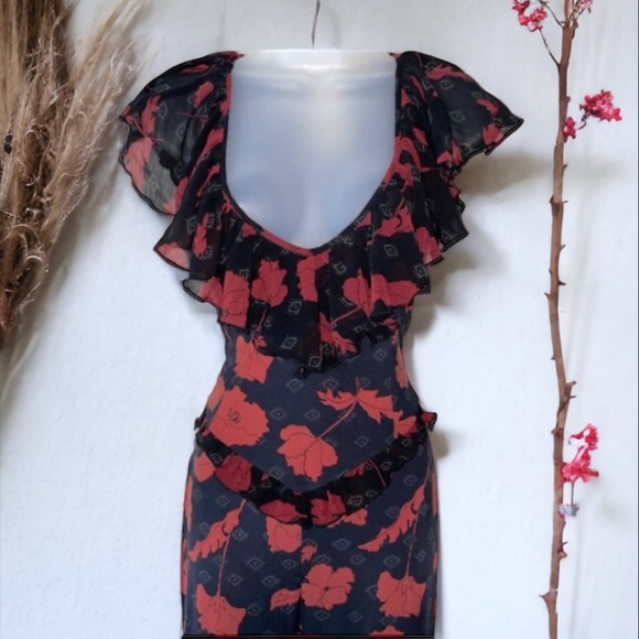 FREE PEOPLE AUSTYN FEMME FLORAL FLARE WIDE LEG RUFFLE TRIM JUMPSUIT SIZE S - Picture 7 of 11